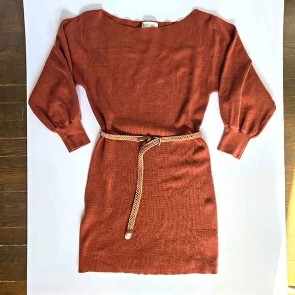 Peach Love terracotta orange sweater dress puff long sleeve knit sz M - Picture 2 of 10